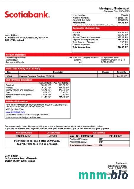 Irlandia Bank Scotiabank wyciąg z kredytu hipotecznego szablon Word i PDF